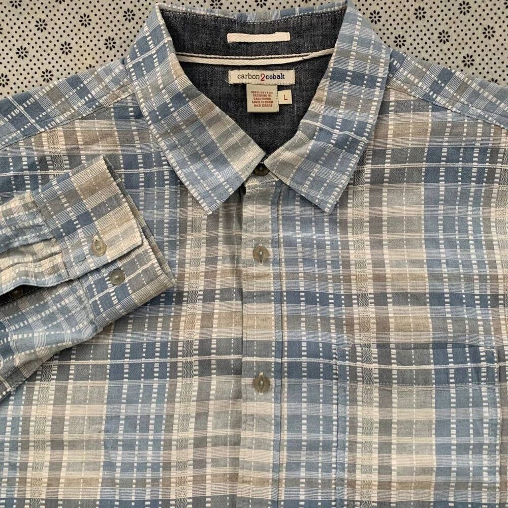 Carbon 2 Cobalt Men's L Plaid 100% Cotton Long Sleeve Button Down Shirt Blue